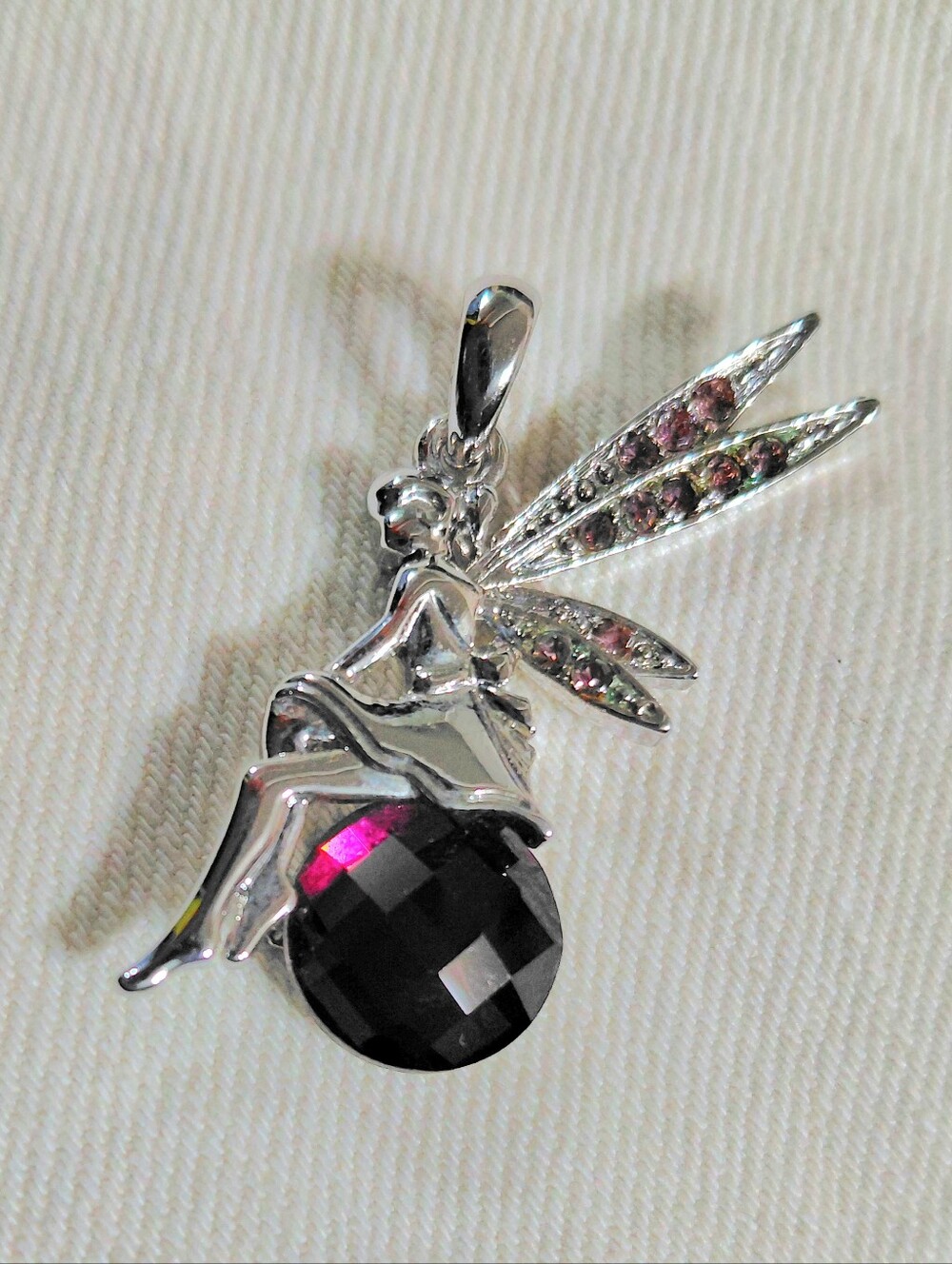 Tinkerbell Pendant 1977 Silvertone With Swarovski Crystal 1.5" X .75" Amethyst